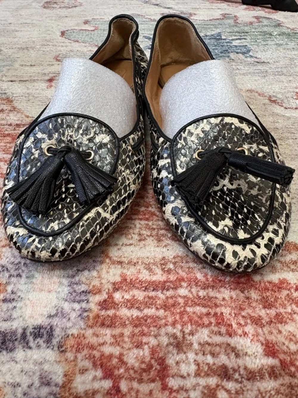 Coach Shoes Snakeskin Print‎ Black White Leather Malika Tassel Flats Loafers 6B